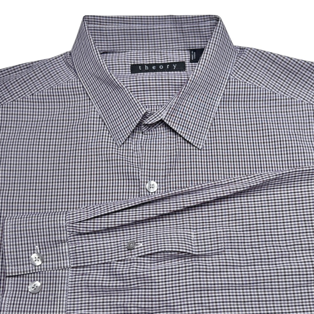 Theory Mens Long Sleeve Button Down Micro Check Shirt Purple Grey Size L